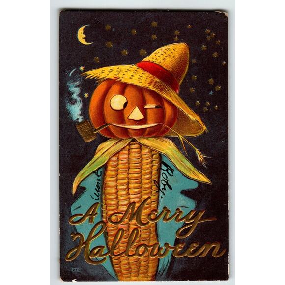Halloween Postcard Corn Cob Man Anthropomorphic Moon Stars Embossed Fantasy 1909 - Picture 1 of 2